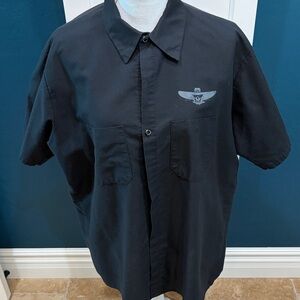 Red Kar black button down shirt, “Bonedaddy’s Custom Cycle” Red Lodge Montana.